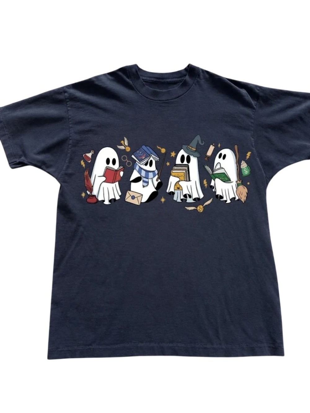 Navy Graphic Tee with Cute Reading Ghosts